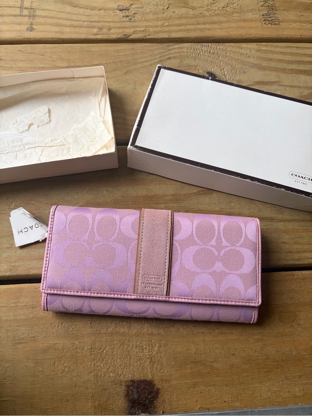 Coach Pink Signature Trifold Wallet with Leather Trim